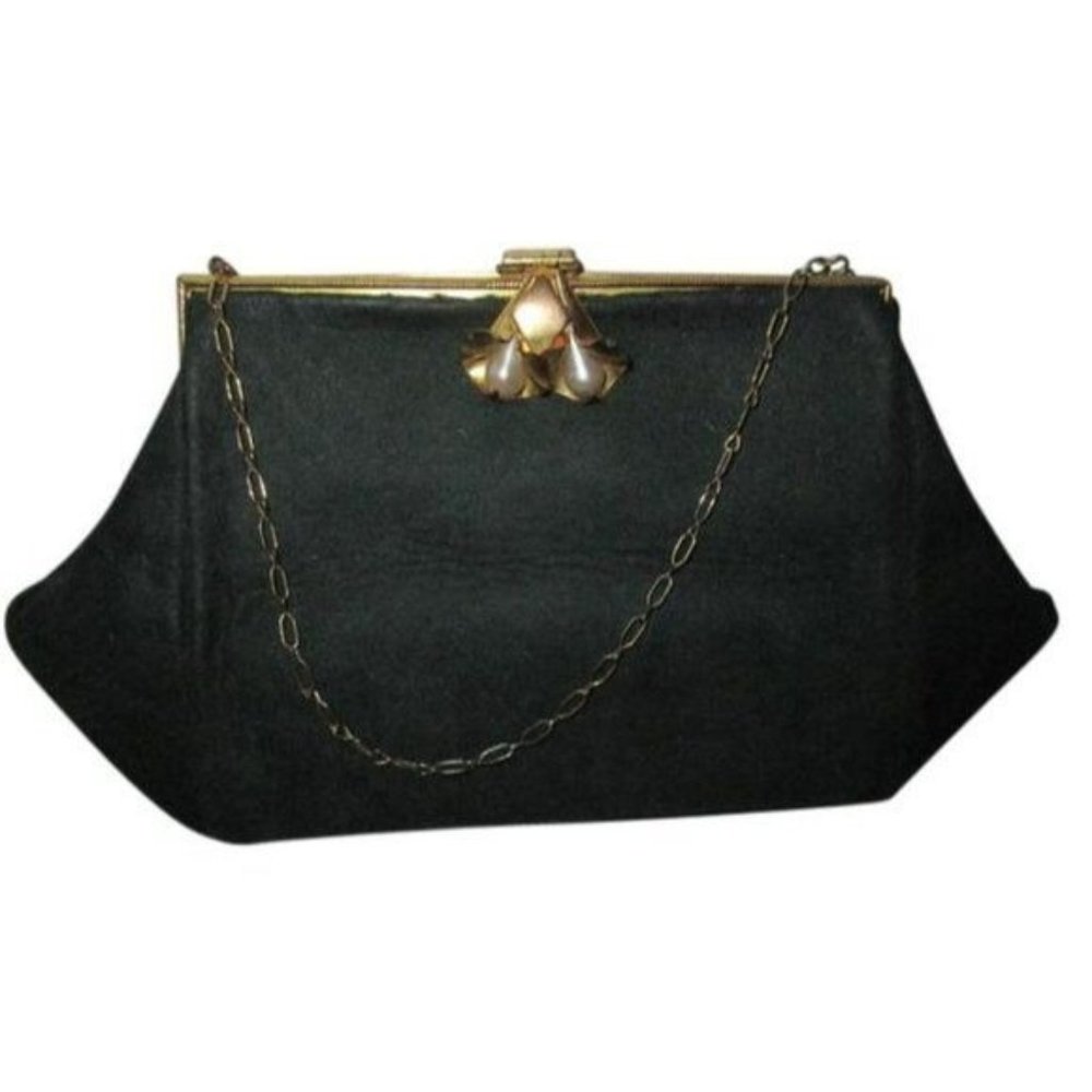 Vintage Forest Green Wristlet Clutch Felt Faux Pearl Clasp Closure